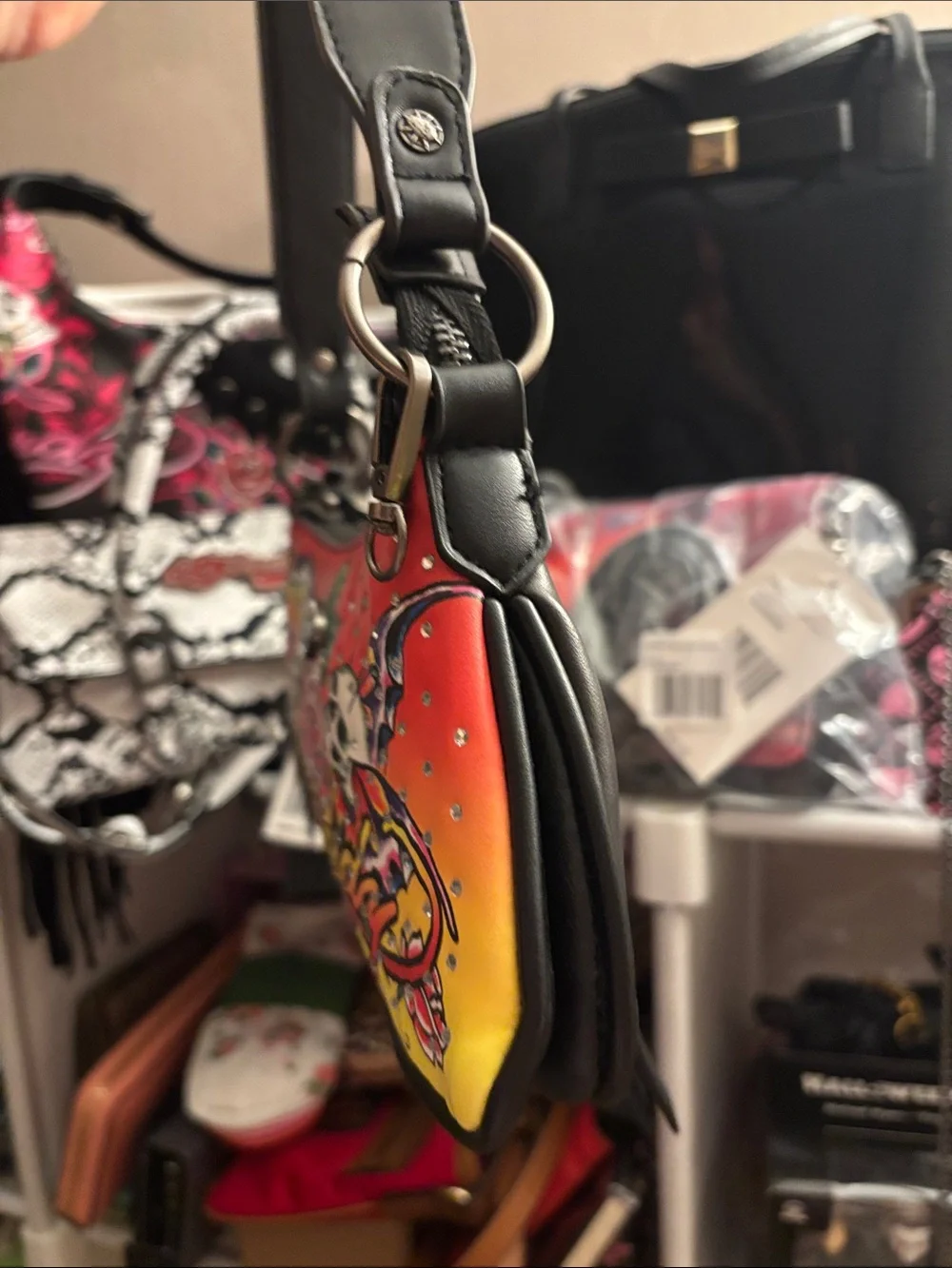 Ed Hardy Red Yellow Floral Skull Shoulder Bag